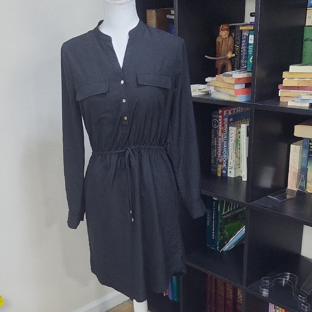 IVANKA TRUMP Black Drawstring Waist Roll-Tab Sleeve Shirt Dress